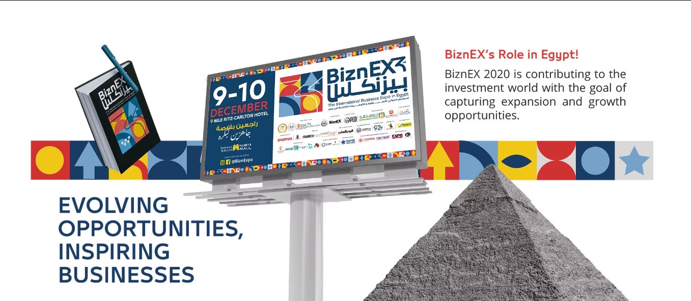 BiznEX 2020 billboard creative against Cairo's pyramids.