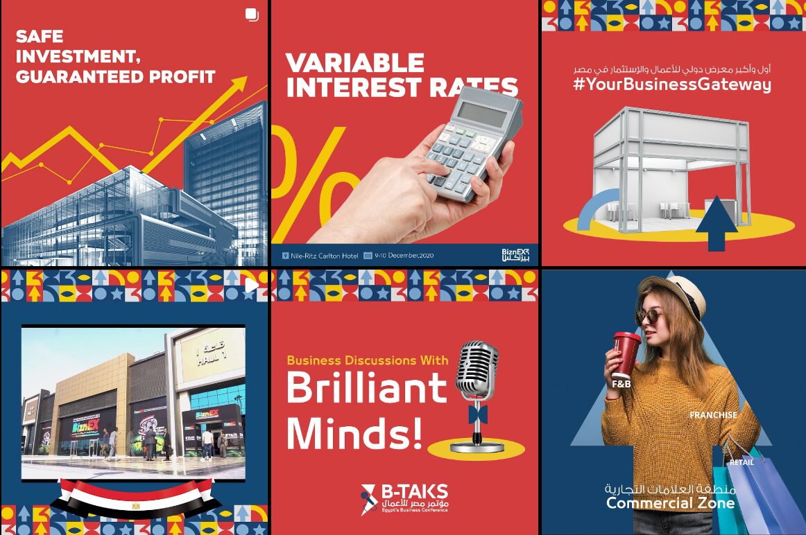 BiznEX campaign creative — investment and interest-rate messaging, expo hall photo, B-Talks conference promo, commercial zone visual.