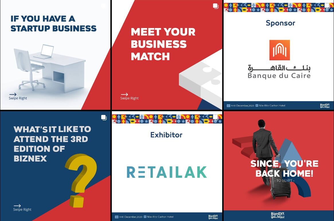 BiznEX campaign creative — startup, business-match, sponsor and exhibitor cards.