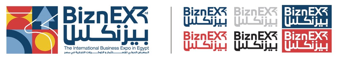 The new BiznEX logotype, shown in its full lockup and color variants — navy, red, black, and reversed.