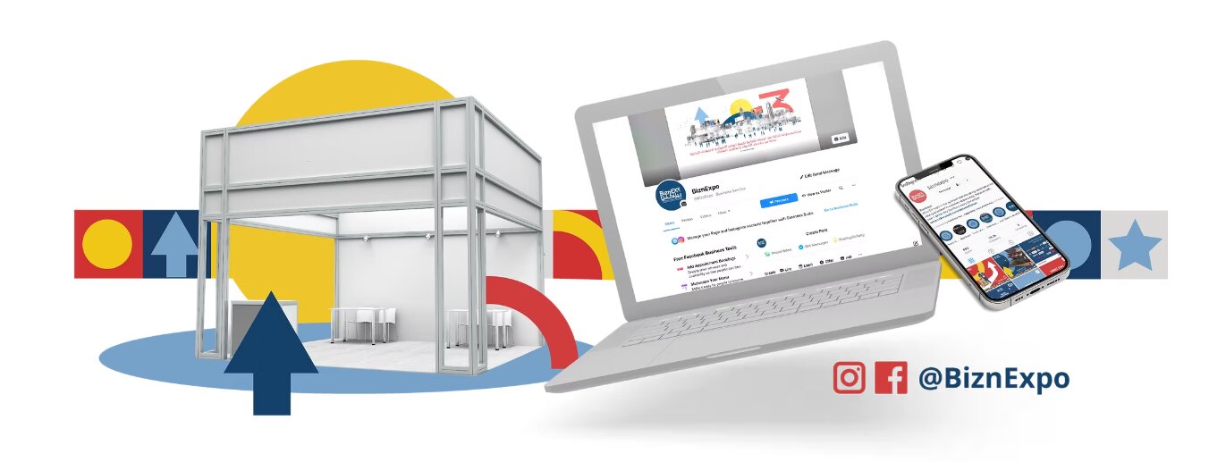 BiznExpo's Facebook and Instagram presence, shown on laptop and phone, alongside a render of the expo booth.