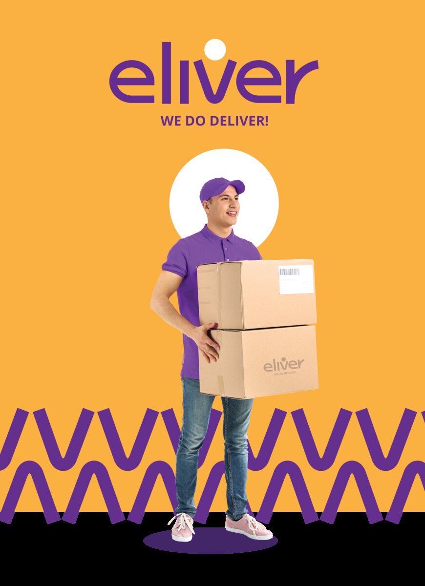 eLiver brand poster — 'We Do Deliver!' with delivery courier and packages.
