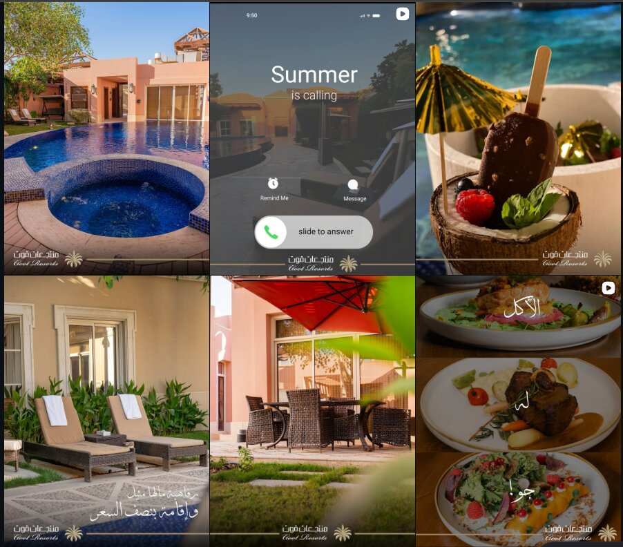 Goot Resorts content grid — pool, dining, lounge spaces, and lifestyle creative.