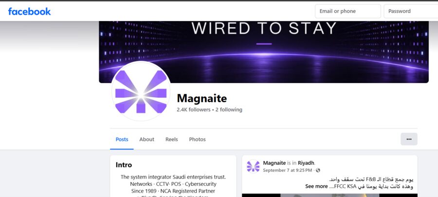 Magnaite's Facebook page showing follower count and the Wired to Stay cover banner.