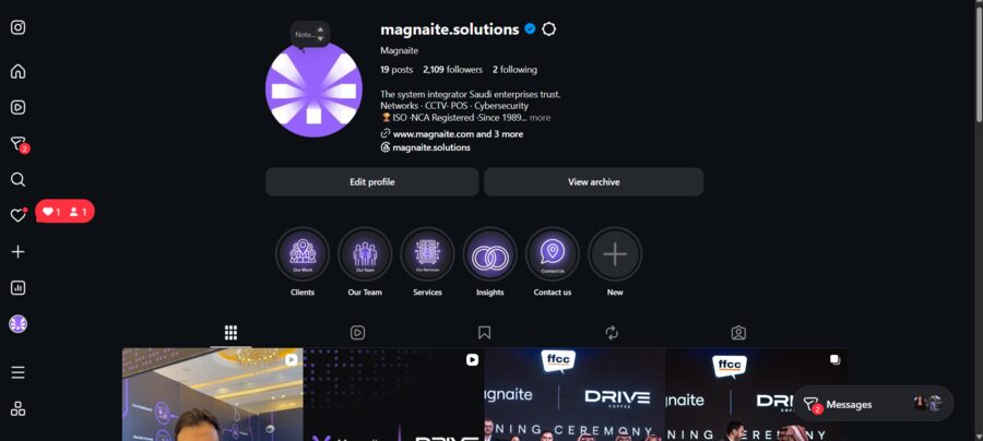 Magnaite's Instagram profile showing follower count and post grid.