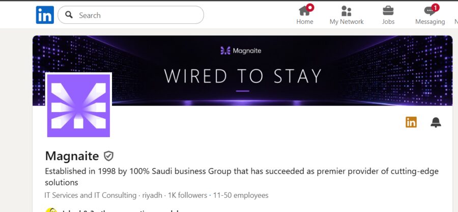 Magnaite's LinkedIn company page showing follower growth and the Wired to Stay banner.