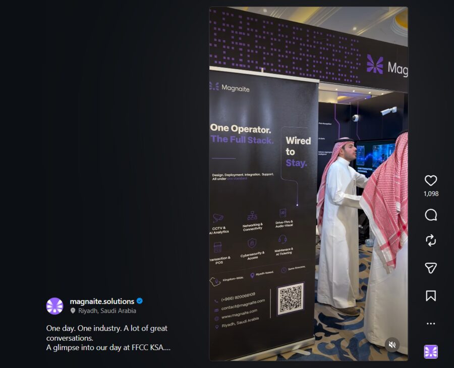 Instagram reel directed on-site at the event, showing the Magnaite booth banner and 1,000+ likes.
