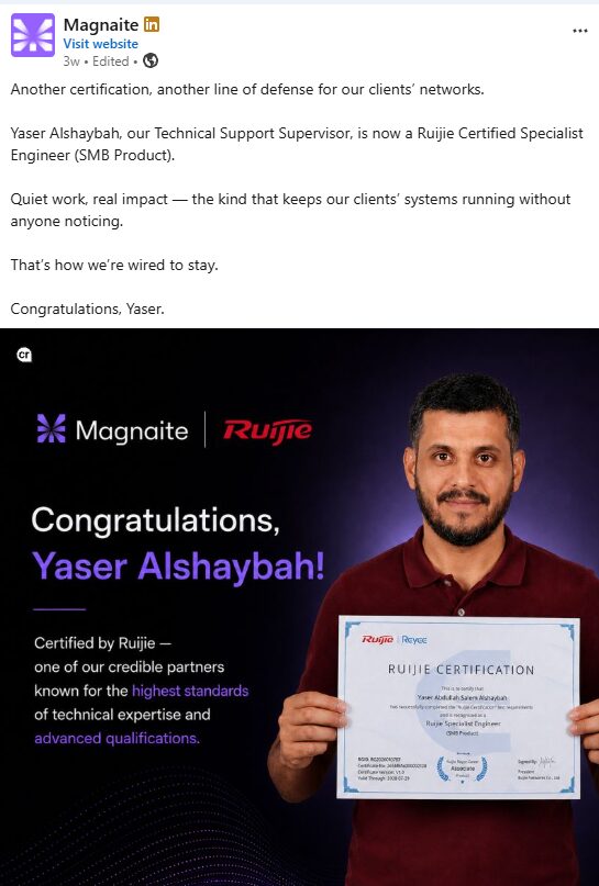 LinkedIn post congratulating Yaser Alshaybah on his Ruijie certification: 'Another certification, another line of defense.'