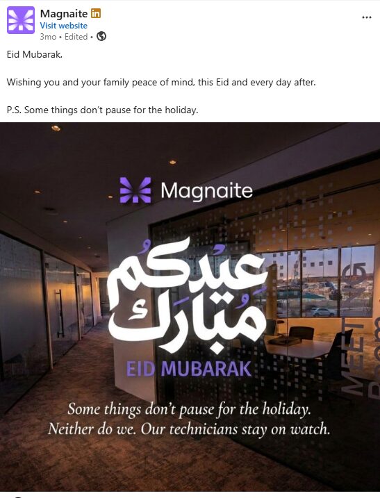 LinkedIn Eid Mubarak post: 'Some things don't pause for the holiday. Neither do we. Our technicians stay on watch.'